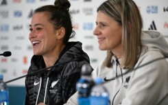 New Zealand’s Ali Riley (L) and coach Jitka Klimkova at a press conference at Eden Park in Auckland