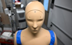 Pores that bead sweat like humans are displayed on ANDI, an Advanced Newton Dynamic Instrument, as researchers prepare to learn more about the effect of heat exposure on the human body at Arizona State University (ASU) on July 20, 2023