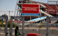 A sign at Levi's Stadium in Santa Clara, California, warns fans of the cancelation of the friendly football match between Barcelona and Juventus