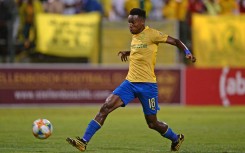 Themba Zwane of Mamelodi Sundowns shoots at goal during the game between Stellenbosch FC and Mamelodi Sundowns.