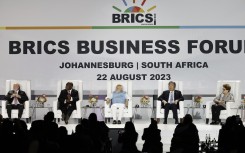 The leaders of Brazil, South Africa, India and China with chair of the New Development Bank Dilma Rousseff attend the 2023 BRICS Summit. AFP/Marco Longari
