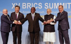 The leaders of Brazil, China, South African India and Russia's Foreign Minister pose for a BRICS family photo. AFP/Pool