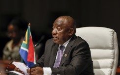 President Cyril Ramaphosa delivers his remarks at the plenary session during the 2023 BRICS Summit. AFP/Pool