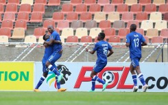 Etiosa Ighodaro of Supersport United celebrates goal with teammates