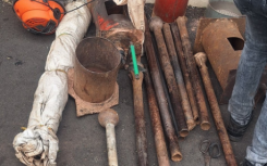 Police confiscated illegal mining tools used by zama zamas in the area of Riverlea. 