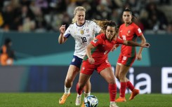 Andreia Norton of and Lindsey Horan of USA compete for the ball during the FIFA Women's World Cup Australia & New Zealand 2023 Group E match between Portugal and USA at Eden Park on August 1, 2023 in Auckland, New Zealand. 