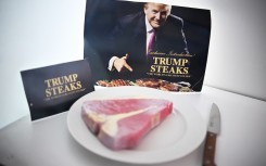 An advertisement for Trump Steaks (2007) is seen in a display showing failed Trump businesses during a preview of the Museum of Failure in Washington. AFP/Mandel Ngan