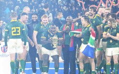 President Cyril Ramaphosa joins the Springboks on stage after winning the Rigby World Cup final against All Blacks, New Zealand.