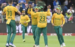Proteas players celebrate after the dismissal of India's Yashasvi Jaiswal. AFP/Deryck Foster