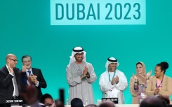 COP28 president Sultan Ahmed Al Jaber (C) applauds among other officials before a plenary session during the United Nations climate summit in Dubai. AFP/Giuseppe Cacace