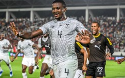 South Africa's midfielder #4 Teboho Mokoena celebrates after scoring a goal during the Africa Cup of Nations (CAN) 2024 round of 16 football match between Morocco and South Africa at the Stade Laurent Pokou in San Pedro on January 30, 2024.