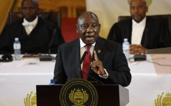 South African President Cyril Ramaphosa delivers the state of the nation address at the City Hall in Cape Town on February 8, 2024.