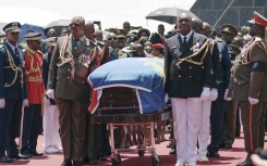 Members of the Namibian Defence Forces escort the coffin of the late Namibian President Hage Geingob at Heroes Acre. AFP/Michael Petrus