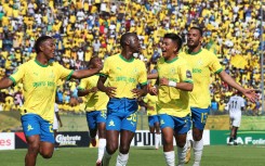 Mamelodi Sundowns players celebrate during the 2023/24 CAF Champions League Group match between Sundowns and TP Mazembe. Gavin Barker /BackpagePix