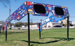 The City of Dripping Springs, Texas, prepares for the solar eclipse with a set of larger than life glasses. AFP/Suzanne Cordeiro