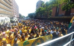 Hundreds of Sasco members marched to the offices of the Higher Education and Training Department. eNCA/Hloni Mtimkulu