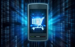 Illustration of smart phone depicting online shopping. 