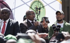 File: South African President Jacob Zuma (C) addresses members of uMkhonto we Sizwe (MK), a new opposition party that has become a potential upsetter in the South Africa May 29 election, outside the High Court in Johannesburg on April 11, 2024. 