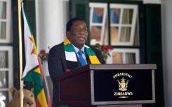 File: President of Zimbabwe Emmerson Mnangagwa looks on as he addresses a press conference at State House in Harare.