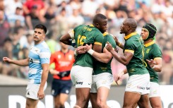Fullback Aphelele Fassi celebrates his try with teammates during the rugby union Championship match between Argentina's Pumas and South Africa's Springboks. AFP/Geronimo Uranga