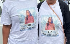 Photo of Zarah Ramsamy on Tshirts during her funeral in Mayville, Durban