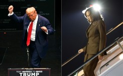 File: This combination of pictures created on October 01, 2024 shows, L-R, Former US President and Republican presidential candidate Donald Trump and Democratic presidential candidate Kamala Harris.