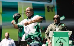 Leader of the Umkhonto We Sizwe (MKP) party Jacob Zuma gestures to supporters. AFP/Rajesh Jantilal