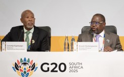 Minister of Finance Enoch Godongwana (R) and Governor of the South African Reserve Bank Lesetja Kganyago address the closing press conference of the G20 Finance and Central Bank Deputies and Ministerial Meeting. AFP/Rodger Bosch
