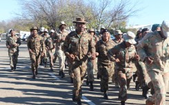 A group of SANDF troops marches in Bloemfontein after they returned to the country - SA Army