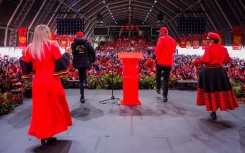 Julius Malema and other leaders of the EFF during the party's 12th year celebration in Khayelitsha Rugby Stadium