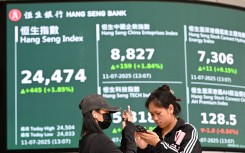 Women in front of an electronic sign board showing the Hang Seng Index in Hong Kong. AFP/Peter Parks