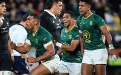Damian Willemse celebrates his try during the Rugby Championship Test match between New Zealand and South Africa. AFP/Grant Down