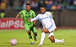 Kutlwano Letlhaku of Mamelodi Sundowns challenged by Monde Mphambaniso of Mauro Gallants. BackpagePix/Alche Greeff
