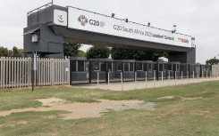 A general view of the G20 logo at a entrance of the NASREC Expo Centre in Johannesburg