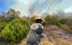 A firefighter trying to extinguish a fire in Mossel Bay. eNCA/Kevin Brandt