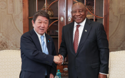 President Cyril Ramaphosa receives a courtesy call from the Minister of Foreign Affairs of Japan, His Excellency Toshimitsu Motegi, at Mahlamba Ndlopfu in Pretoria, Gauteng.