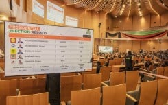 A general view of the partial presidential election results displayed on a screen at the Zambian Elections results center in Lusaka. AFP/Gianluigi Guercia