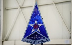 The logo of the United States Space Forces, taken at the ceremony to mark the activation of the US Space Forces Command for Europe and Africa at Ramstein Air Base. Andreas Arnold/dpa Picture-Alliance via AFP