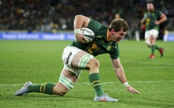 Kwagga Smith of South Africa scores a try during The Rugby Championship match between New Zealand All Blacks and South Africa Springboks at Sky Stadium on September 13, 2025 in Wellington, New Zealand. (Photo by Hagen Hopkins/Getty Images)