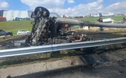 A male truck driver survived accident after the truck he was driving jack-knifed and caught fire. Photo supplied.