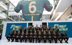 The South Africa Rugby World Cup squad pose at a Johannesburg  TV studio after being selected for the tournament in France. 