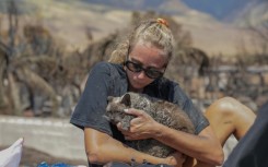 A woman cradles her cat after finding him in the aftermath of a wildfire in Lahaina, Hawaii 