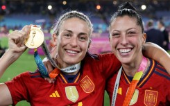Jennifer Hermoso (right) Alexia Putellas celebrate Spain's World Cup triumph in Sydney
