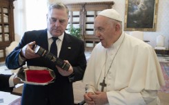 Pope Francis exchanged gifts with US Chairman of the Joint Chiefs of Staff US General Mark A Milley (L)