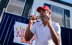Republican hopeful Vivek Ramaswamy grabbed a mic and rapped an Eminem song at the Iowa State Fair on August 12, 2023
