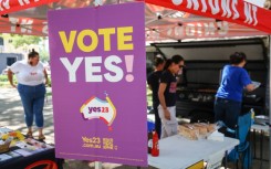 Supporters of the YES campaign set up a barbecue in the centre of the Northern Territory city of Darwin on August 30, 2023.