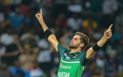Pakistan's Shaheen Shah Afridi celebrates taking the wicket of India's Hardik Pandya during the rain-affected match in Kandy