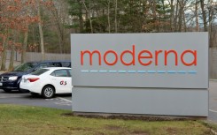 The Moderna logo is seen at the Moderna campus in Norwood, Massachusetts