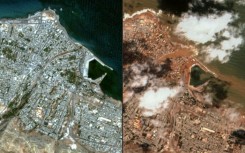 Libya's eastern city of Derna seen, on the left, before the flash flood and, on the right, in the aftermath of the disaster, in satellite images released by Maxar Technology