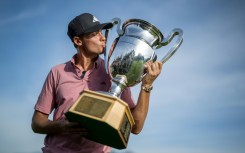 Sweden's Ludvig Aberg celebrates his victory at the European Masters